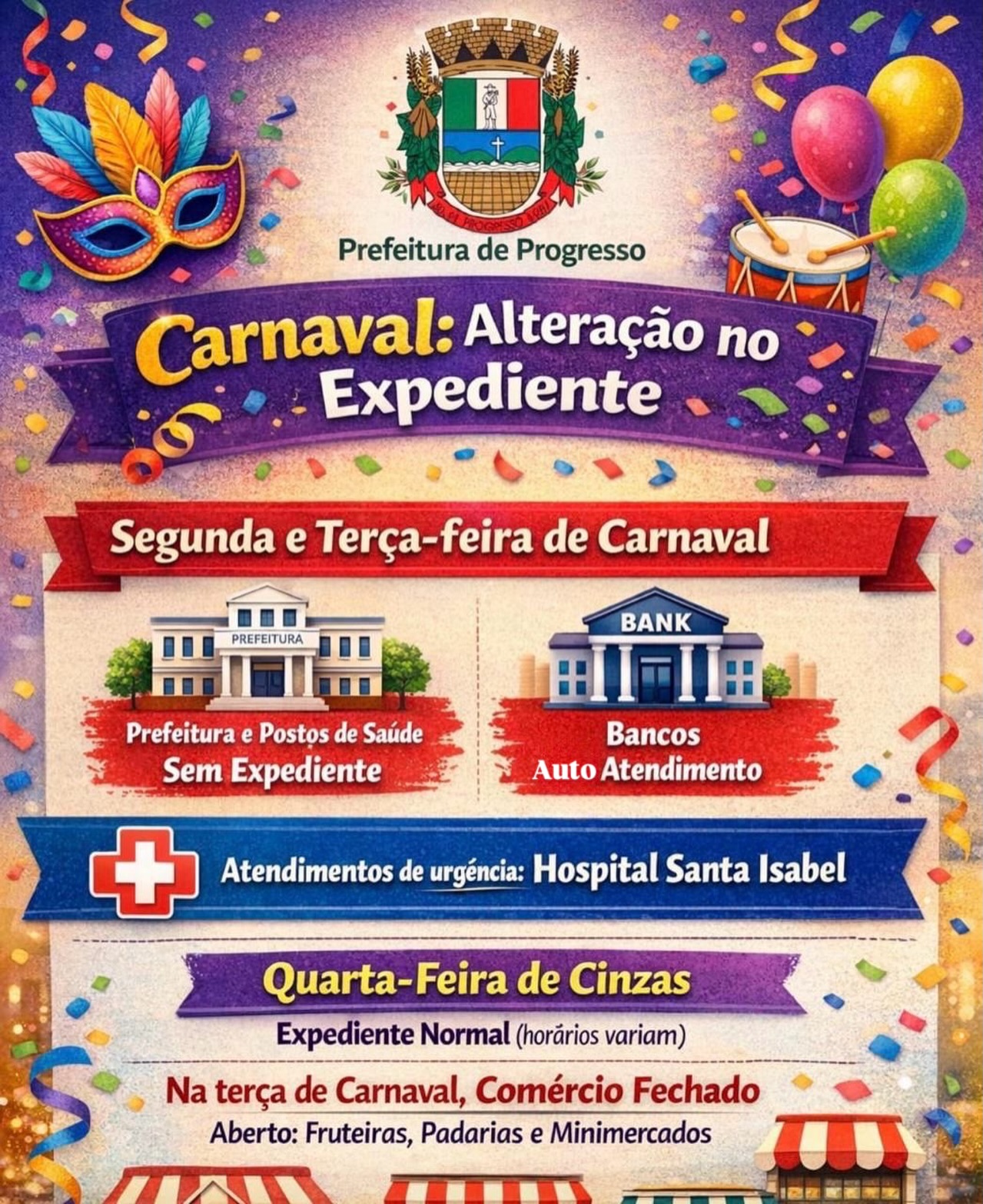 Carnaval altera expediente na prefeitura e agências bancárias de Progresso