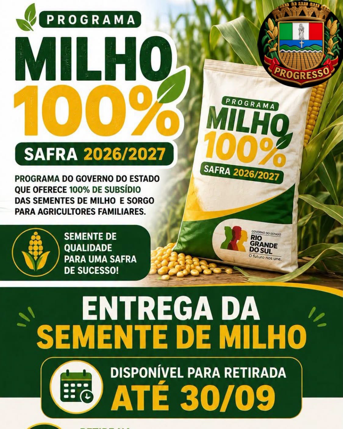 Sementes do programa Milho 100% devem ser retiradas até o dia 30 