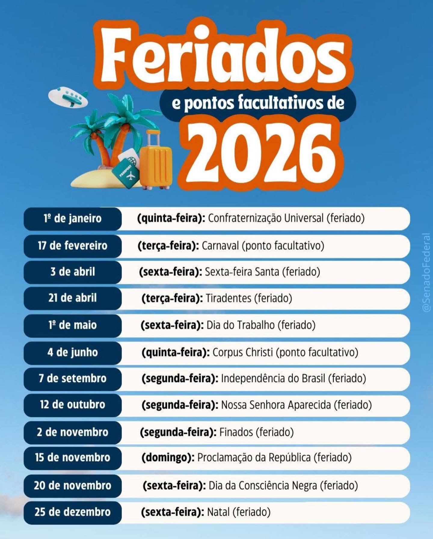 Veja em quais dias cairão os feriados e pontos facultativos de 2026. Lembrando que estados e municípios podem também definir feriados próprios.